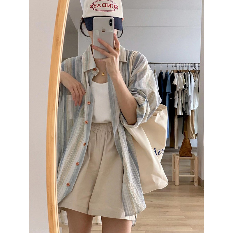 條紋襯衫女夏季2024年新款鹽系韓版chic慵懶休閒長袖防曬上衣外套