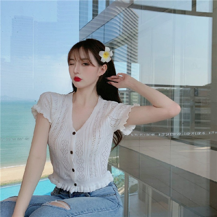 夏季新款短款鏤空短袖寬鬆百搭木耳邊打底衫T恤上衣女裝