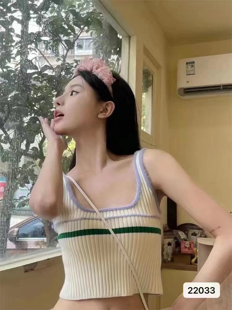 辣妹風夏日露臍短款針織背心2024新款時尚修身洋氣撞色吊帶上衣女