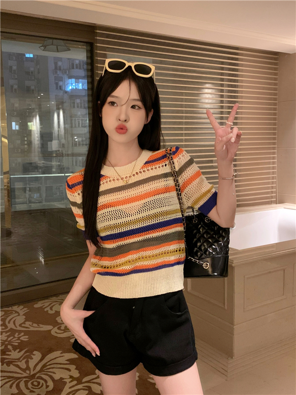 Real shot rainbow striped round neck loose hollow short-sleeved sweater T-shirt top for women