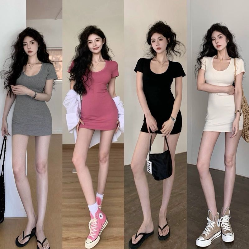 實拍夏季小個子辣妹緊身包臀連衣裙女修身甜辣御姐短裙子