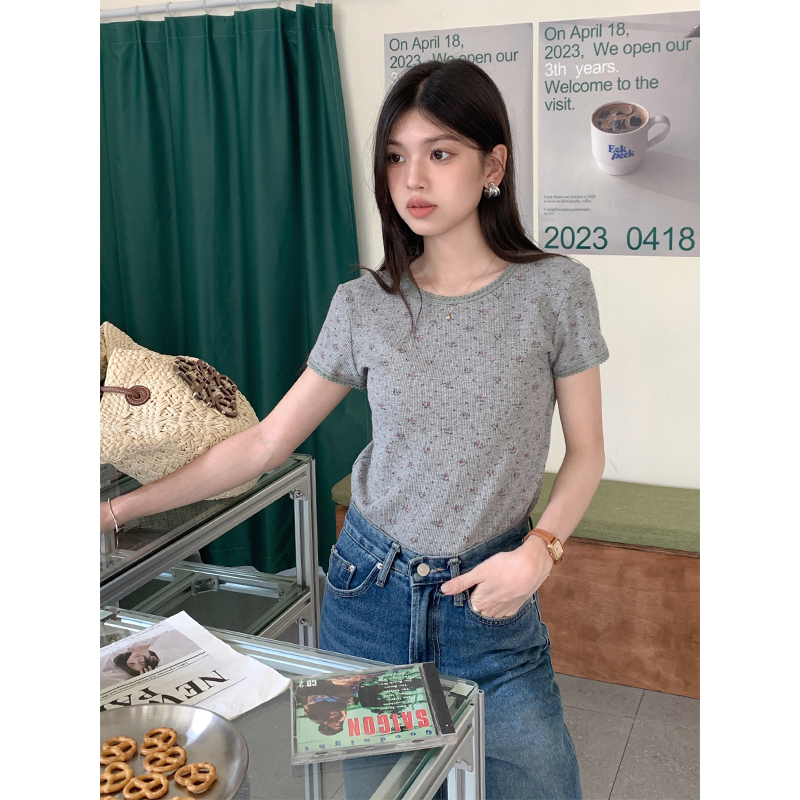 Actual shot of 2024 summer Korean version ins lace floral waffle short-sleeved tops women's casual round neck all-match T-shirt