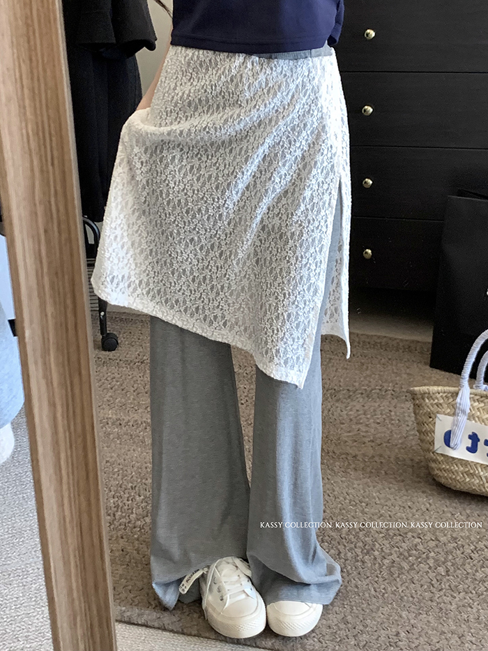 實拍~ 春夏新款韓版假兩件蕾絲屁簾拼接高腰休閒褲闊腿長褲女