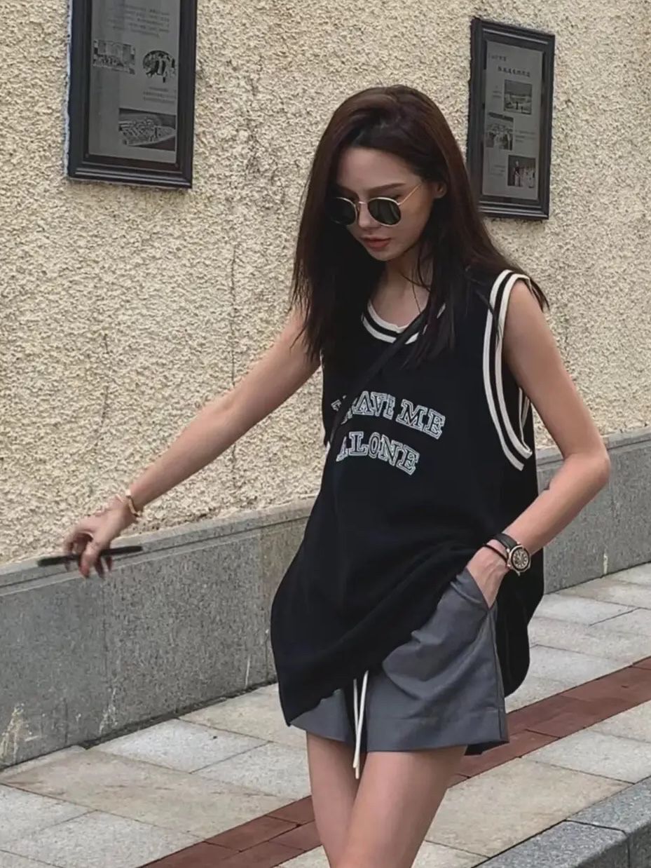 Street style retro American basketball sports vest women's summer new loose slimming sleeveless mid-length top