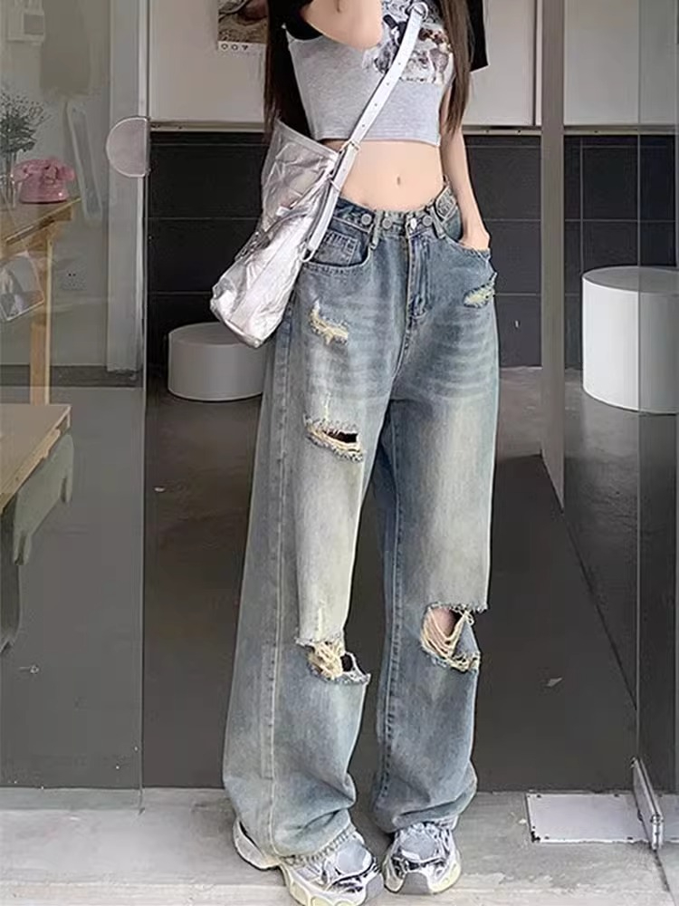 辣妹拖地高腰破洞牛仔褲女春季小眾高街復古顯瘦直筒闊腿褲長褲子