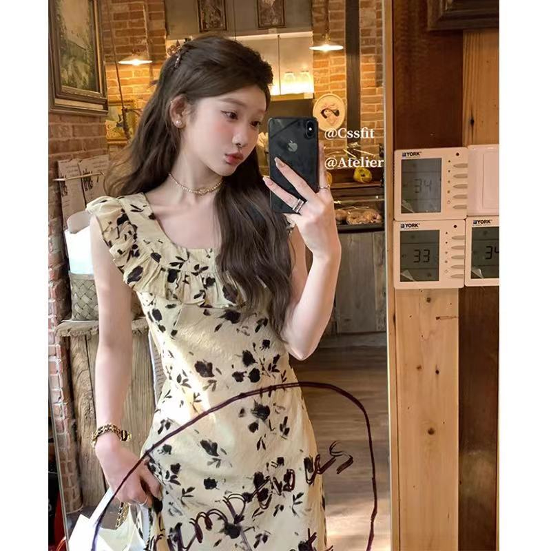 黎明黑玫瑰限定印花小飛袖連衣裙女2024夏季新款氣質顯瘦U領長裙