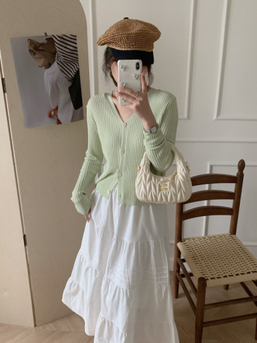 Real shot of summer sun protection cardigan with suspender skirt and ice silk knitted sweater for women, short shawl, air-conditioning shirt jacket