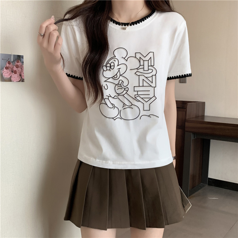 實拍 2024夏季韓版純棉後包領小眾撞色花邊卡通印花短款短袖T恤女