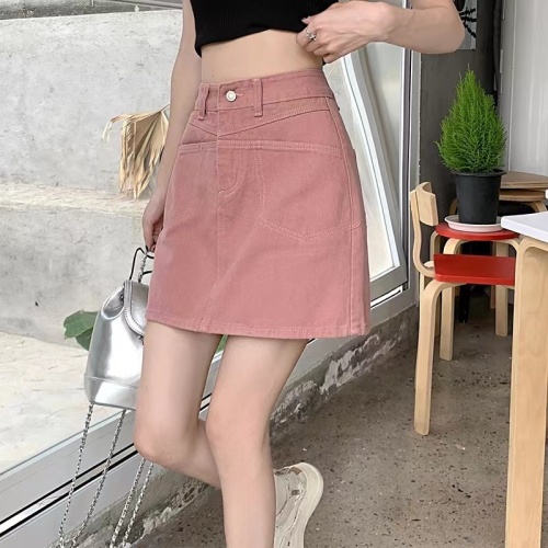 粉色大码牛仔短裙女夏季薄款a字裤裙包臀裙设计感半身裙子