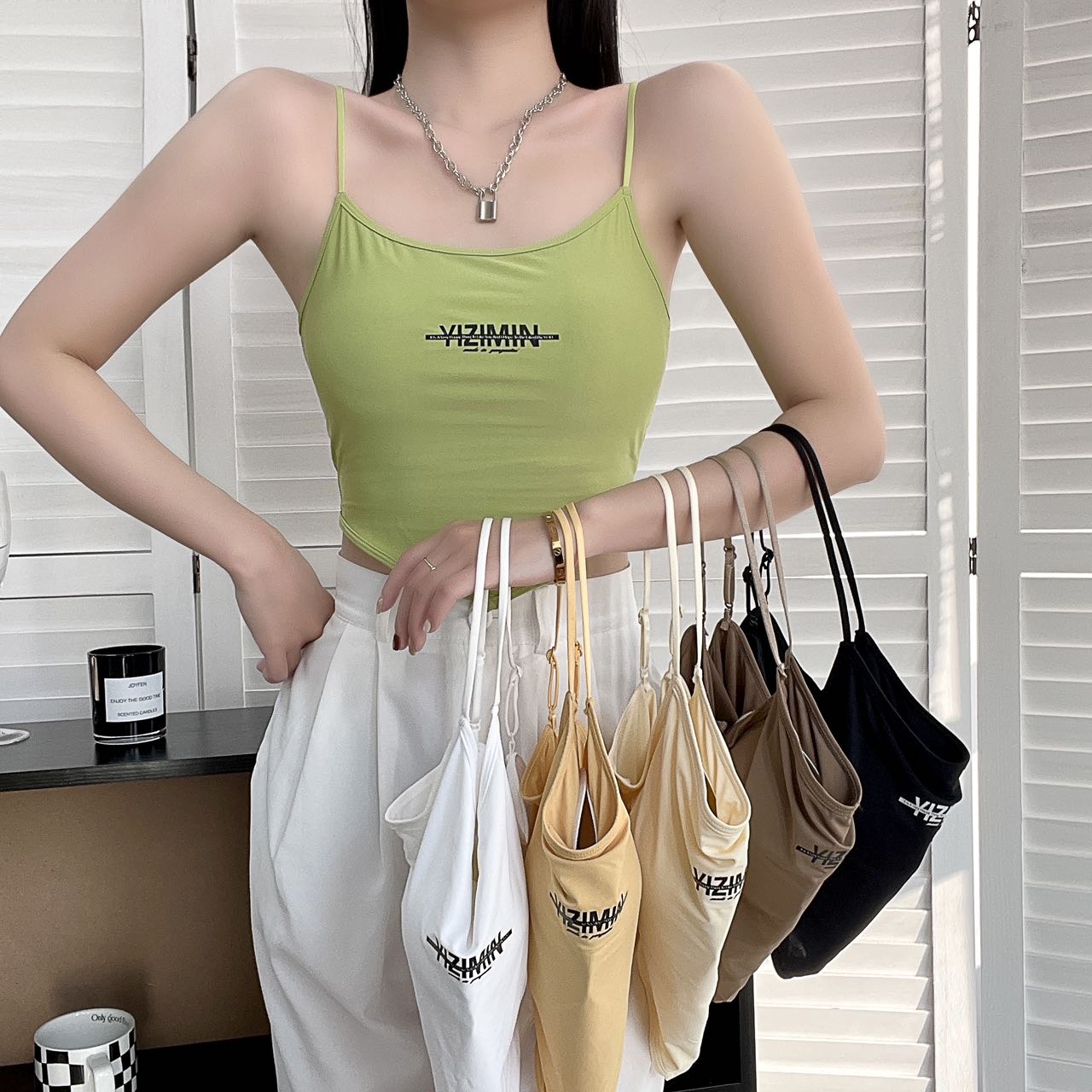 純欲性感辣妹U領掛脖露腰冰絲帶胸墊吊帶背心女外穿短款無袖上衣