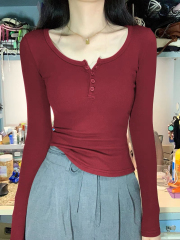 1*1 Modal 260g Square-shoulder Red U-neck Slimming Long-sleeve T-shirt Revealing Collar Hot Girl Top