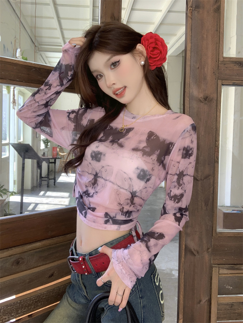 實拍實拍復古粉色蝴蝶網紗收腰抽繩顯瘦短款辣妹長袖防曬T恤