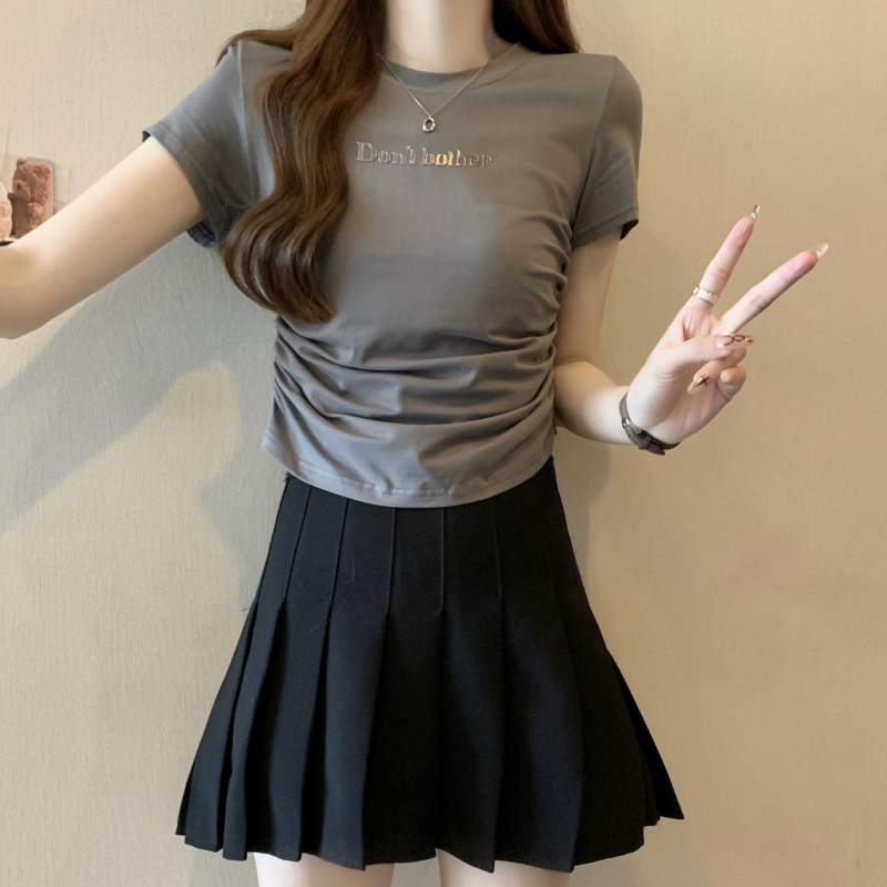 實拍 40支純棉 2024夏裝褶皺收腰短袖T恤女設計感短款修身上衣