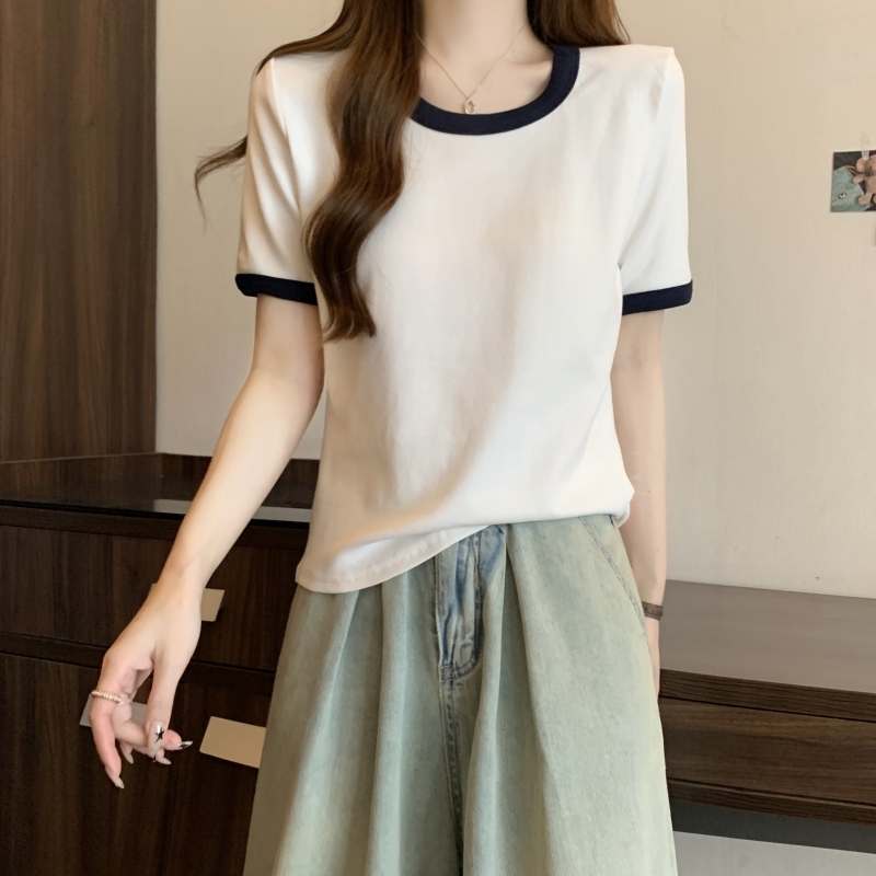實拍  40支純棉 2024夏裝撞色短袖T恤女ins潮彈力上衣