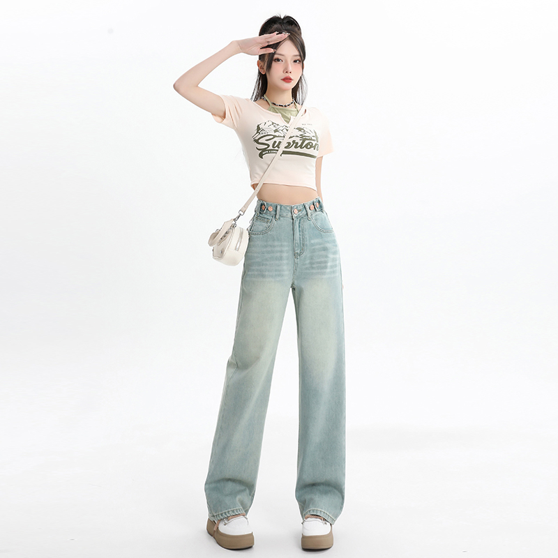 Actual shot of 2024 spring adjustable buckle high waist wide leg straight loose loose drape slim floor mopping women's trousers
