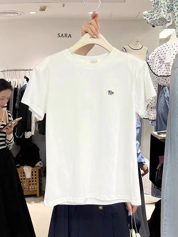 白色正肩短袖t恤女2024新款女裝通勤百搭字母印花體恤上衣