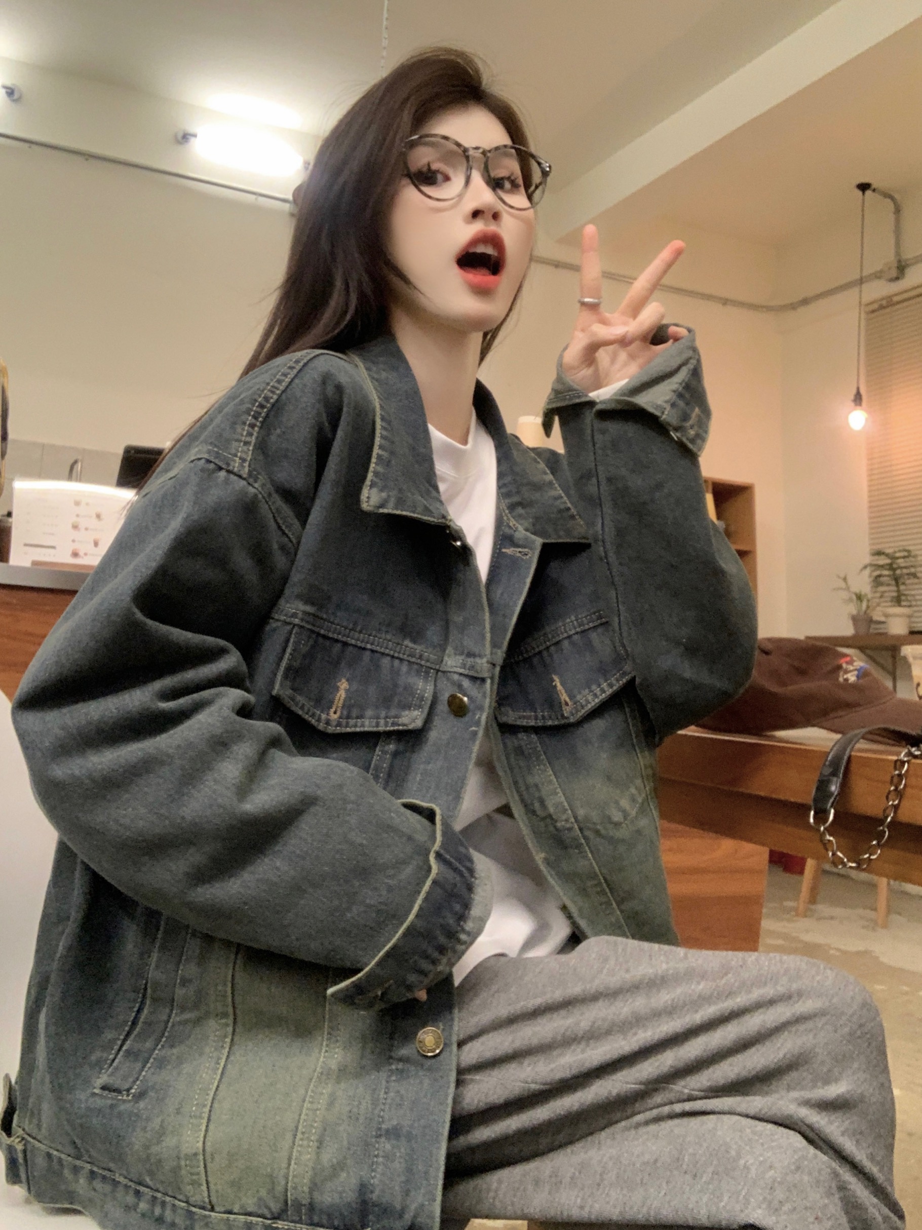 實拍  復古街頭潮牌做舊水洗牛仔外套女寬鬆休閒長袖上衣外套