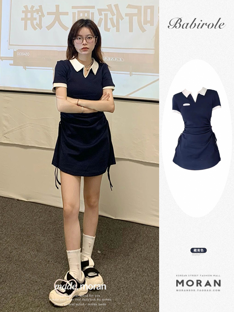 美式復古學院風撞色polo領短裙甜辣鹽系小個子連衣裙收腰顯瘦夏季