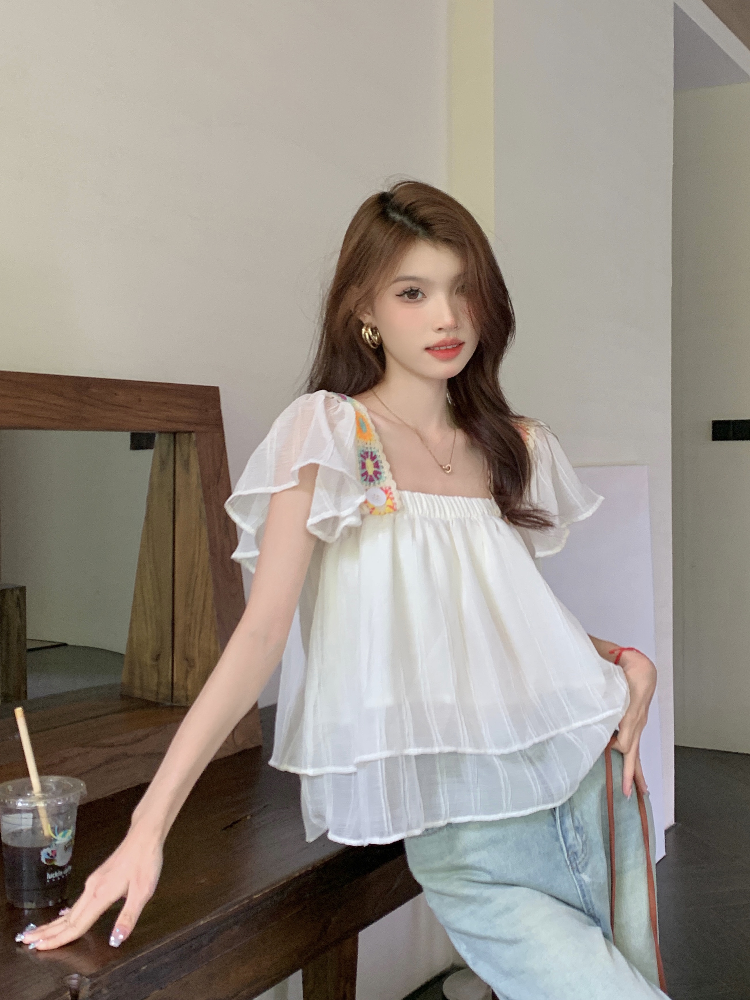 實拍 夏季淨色度假風氣質顯瘦減齡百搭韓版甜美小飛袖背心