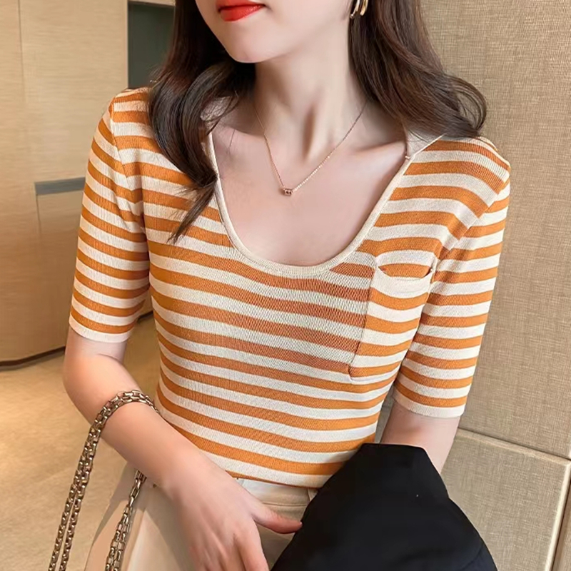 Hong Kong style U-neck striped short-sleeved T-shirt women's summer wear 2024 new slim fit hot girl short tops retro trendy