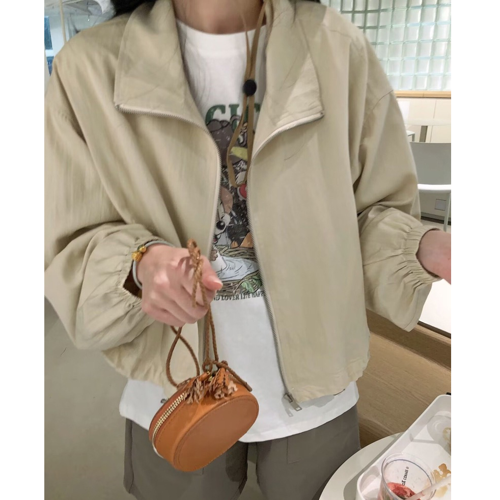 2024新春韓國chic休閒慵懶風抽繩短外套女寬鬆氣質夾克開衫薄上衣