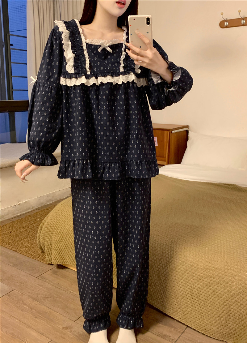 實拍韓版甜美宮廷風春季新品重工蕾絲方領高級棉印花家居服套