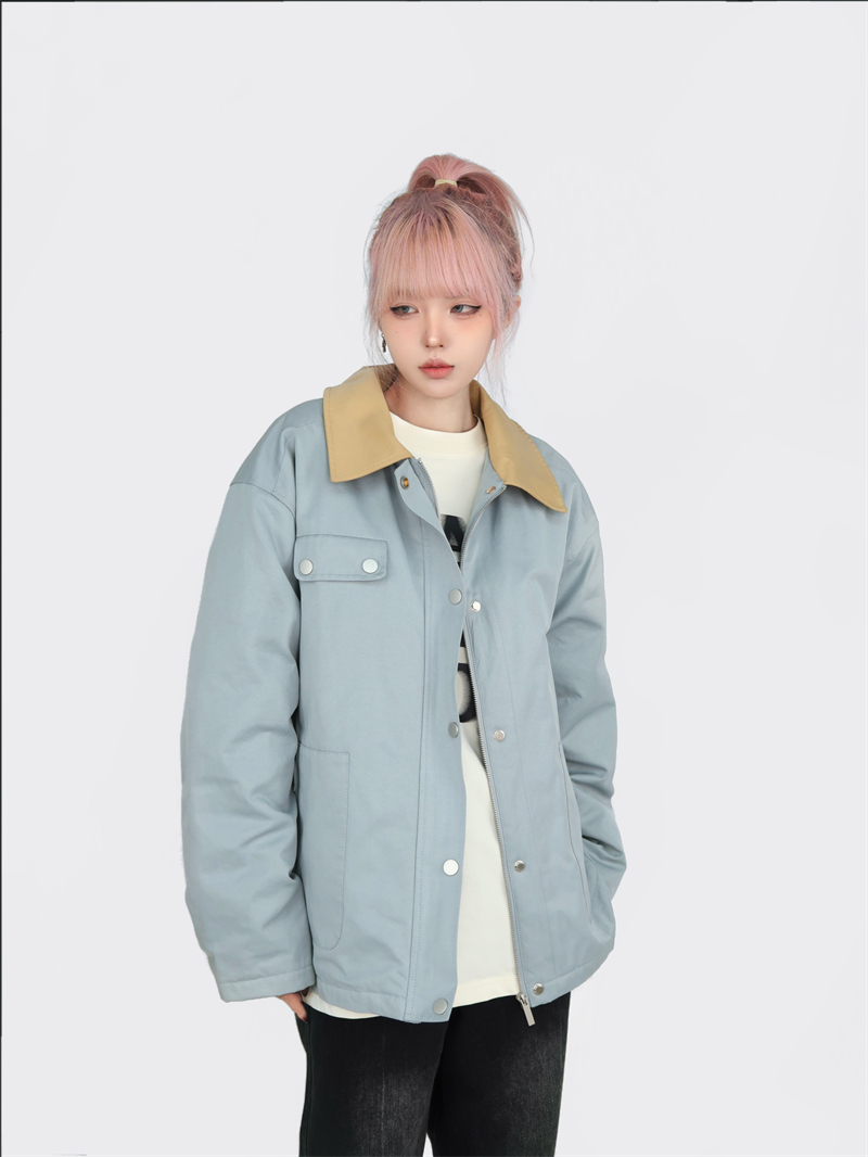 實拍#藍色翻領夾克外套女2024新款寬鬆復古撞色拼接工裝上衣潮