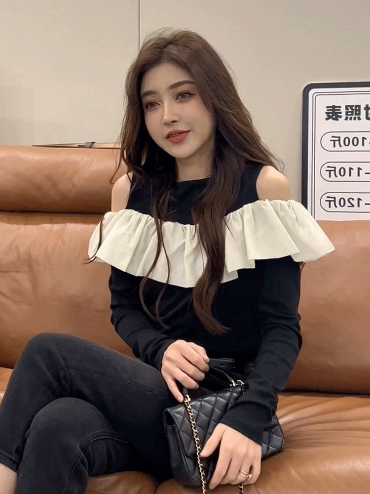 荷葉邊拼接露肩針織衫女2024早春新款設計感小眾百搭顯瘦長袖上衣