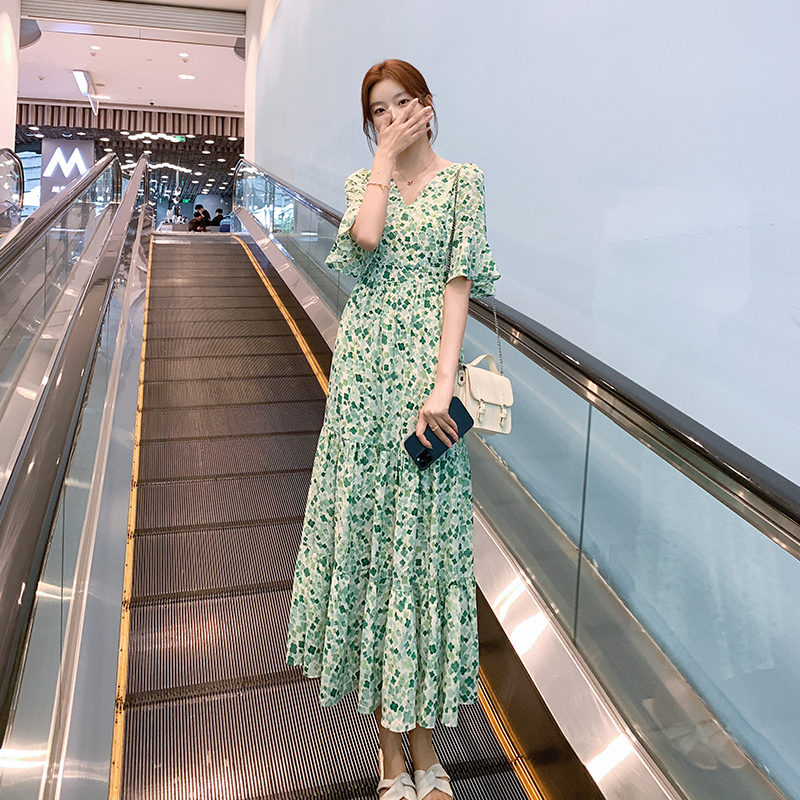原創定製雪紡碎花連衣裙女2024新款時尚V領設計初戀溫柔氣質裙子
