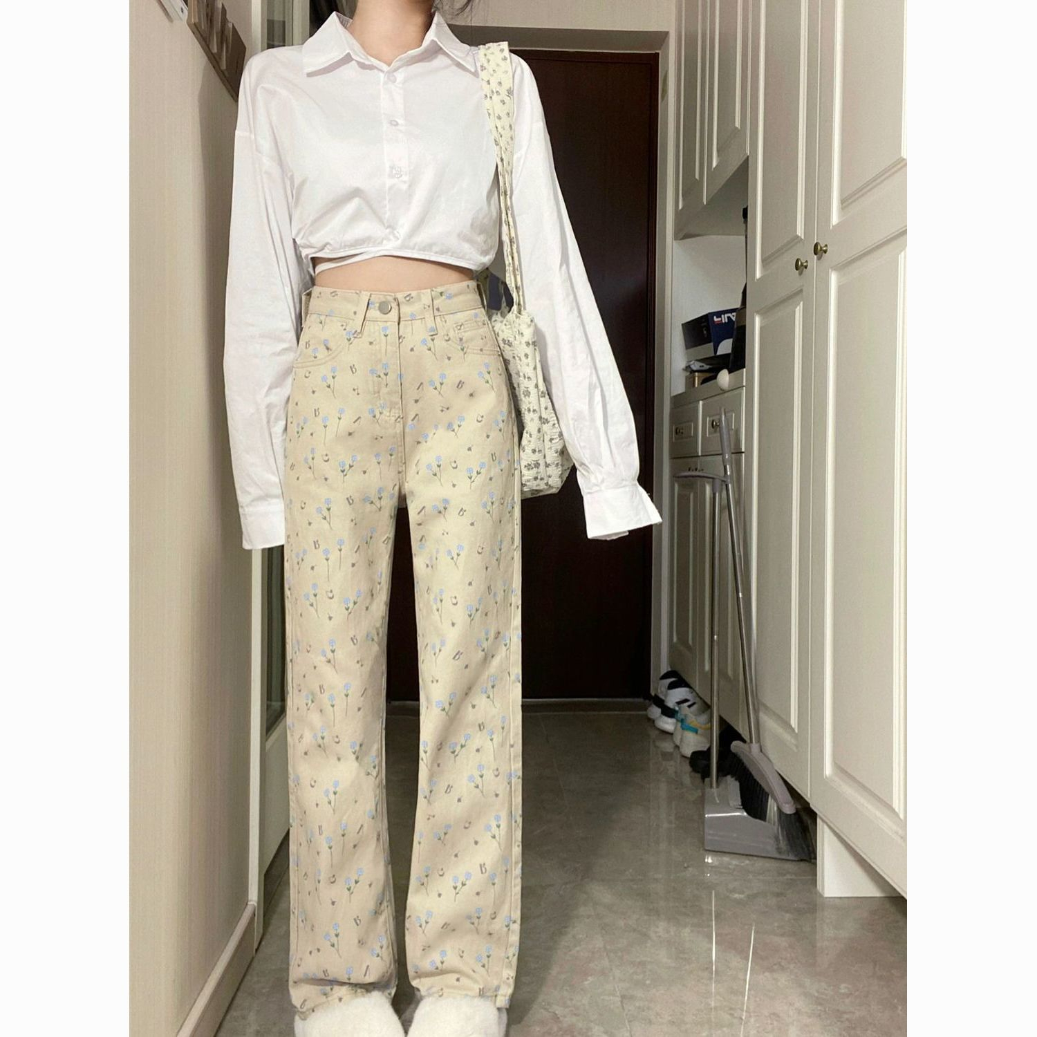 2024春季新款大碼復古碎花直筒牛仔褲女高腰休閒寬鬆闊腿褲子潮