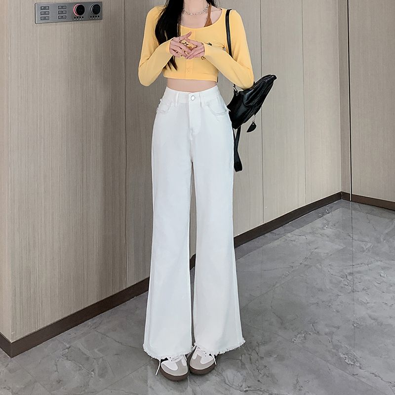 實拍~白色直筒牛仔褲女2024年顯瘦闊腿褲寬鬆休閒褲毛邊長褲