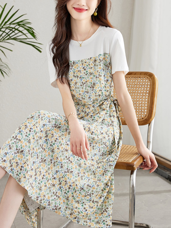 法式假件碎花連衣裙女2024夏季新款收腰高級感初戀茶歇裙子