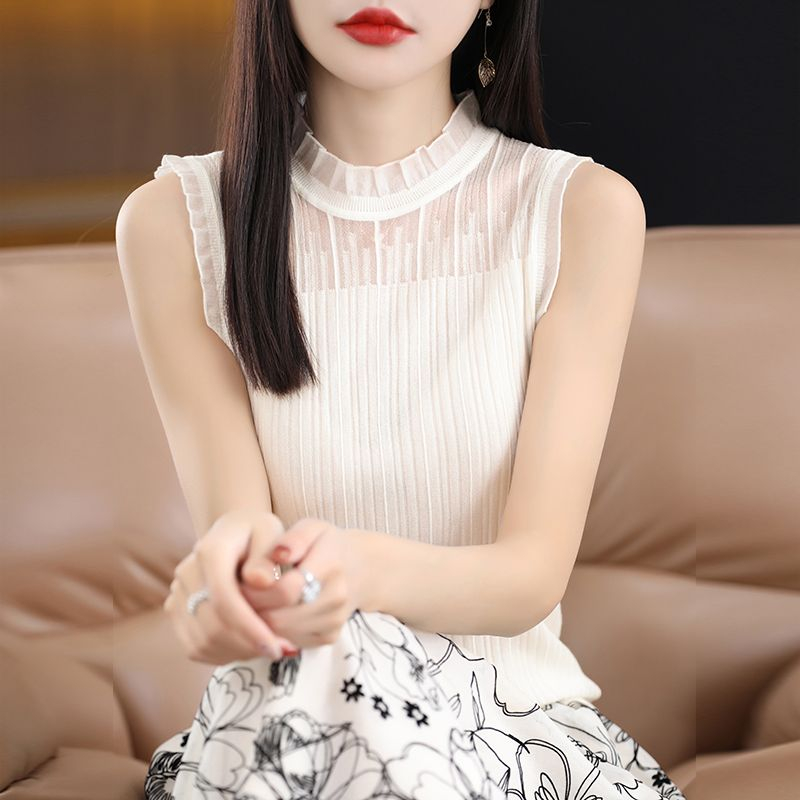 天絲法式無袖吊帶背心女半高領白色上衣蕾絲打底衫