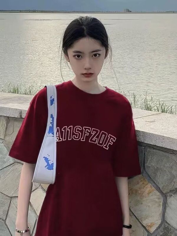 美式紅色正肩短袖t恤女夏季2024新款oversize潮牌本命年龍年衣服