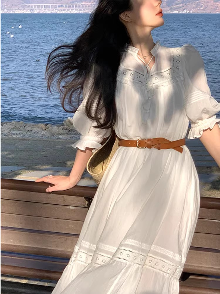 French romantic retro draped waist white dress for women spring and summer 2024 new style, fairy-like and super beautiful