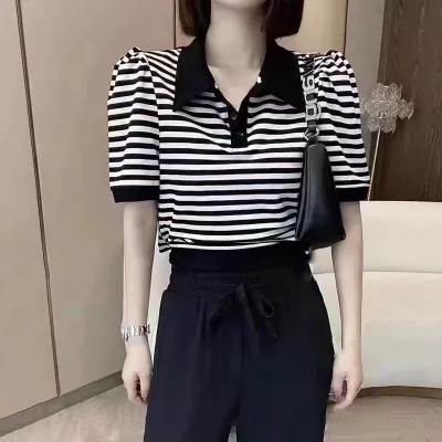 夏季新款韓系學院風Polo領條紋短袖T恤小心機後綁帶上衣女