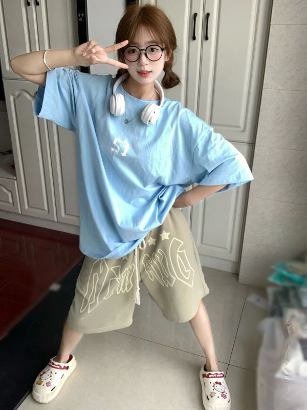 國潮牌oversize藍色短袖T恤女夏季2024年新款寬鬆半袖百搭上衣ins