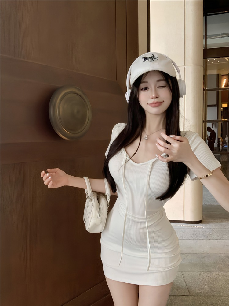 連帽v領短袖連衣裙女夏季白色修身內搭短裙辣妹性感收腰包臀裙子