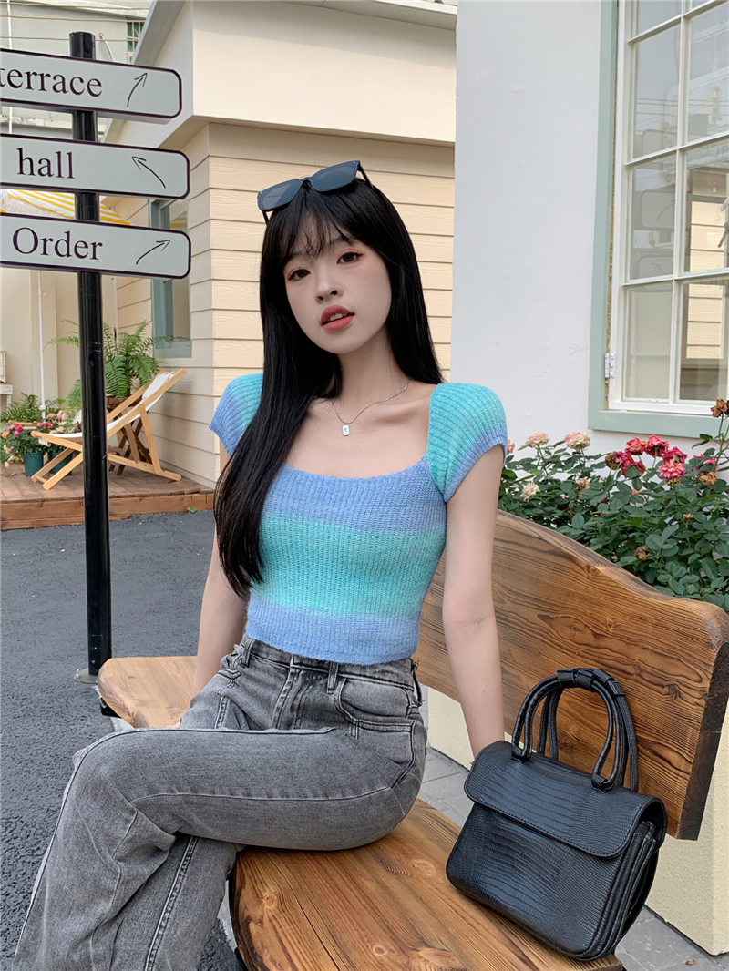 Real shot, right shoulder colorful striped knitted short-sleeved T-shirt for women, square neck, slim fit, sweet girl short top