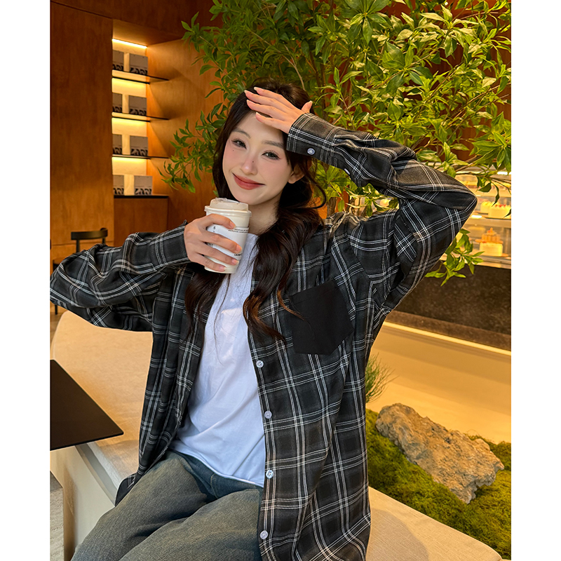 實拍   美式復古格子襯衫女新款設計感寬鬆上衣外套