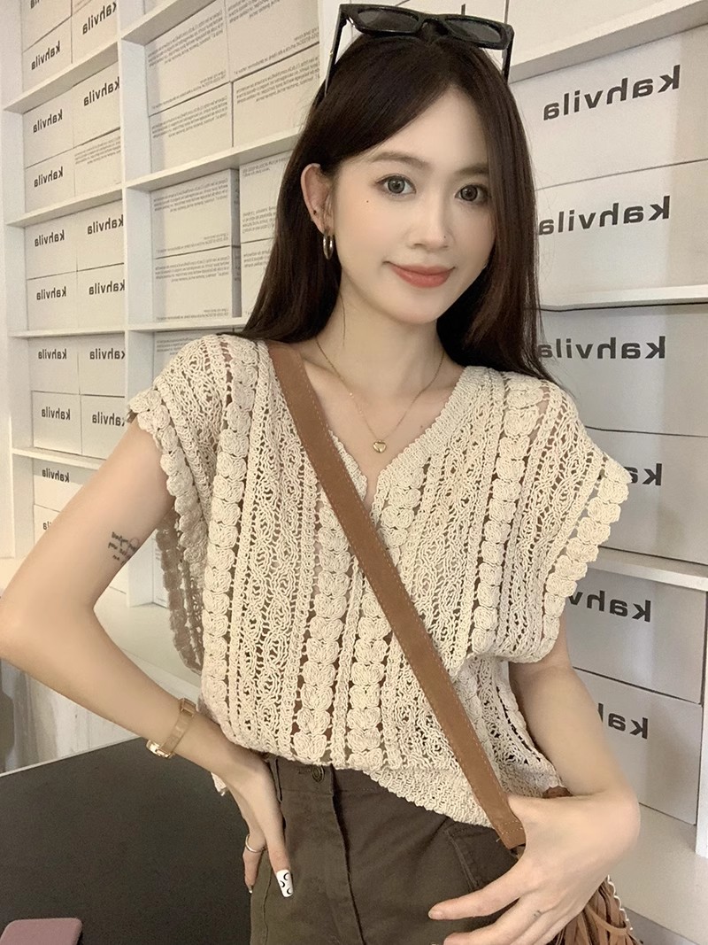 韓系甜美氣質手工編織鏤空V領冰絲針織背心馬甲女洋氣套頭上衣夏