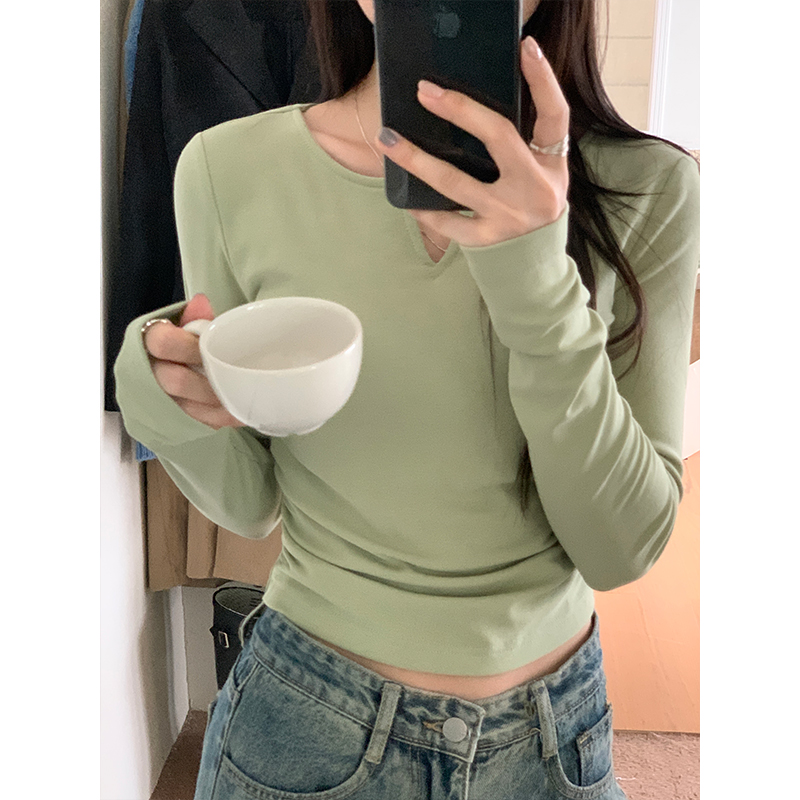 Real shot of pajamas with breast pads, bottoming shirt for women, waist slimming, long-sleeved T-shirt, small v-neck warm velvet top for outer wear