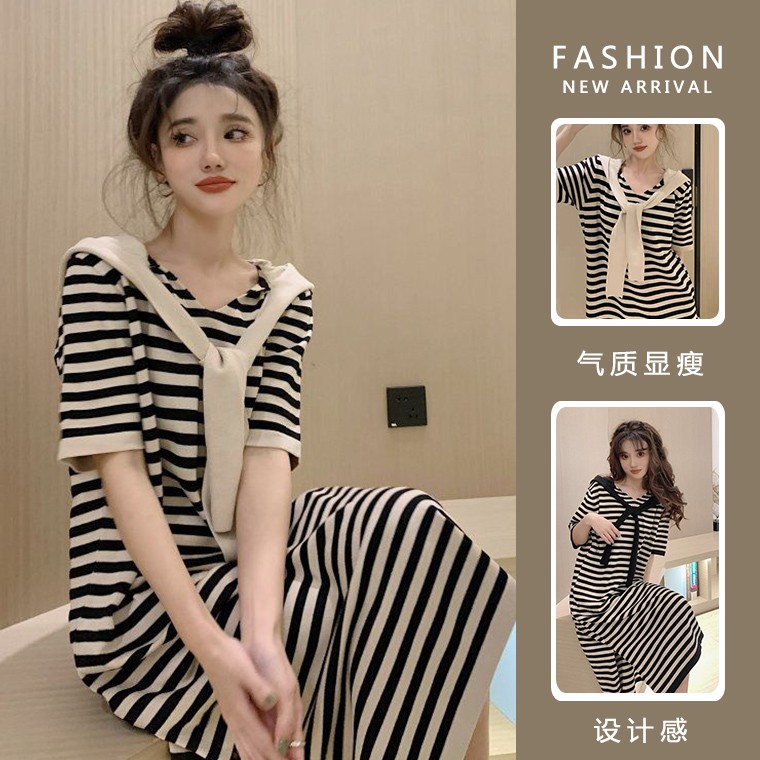 Summer plus size women's loose slimming shawl design side slit hooded striped short-sleeved knitted dress