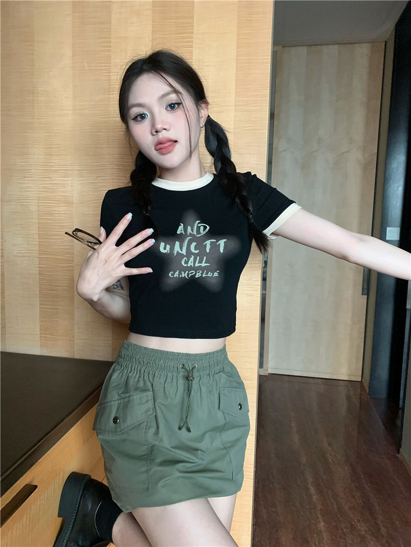 實拍 設計感綁帶星星撞色圓領短款T恤