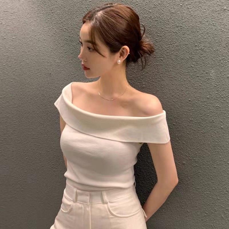 韓國chic夏季氣質小性感一字領露肩修身顯瘦條紋短袖針織衫上衣女