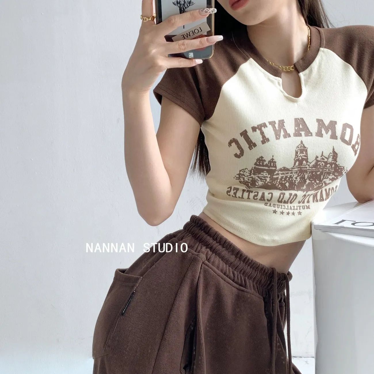 羅紋 復古印花撞色短袖女新款顯瘦露臍辣妹上衣簡約休閒