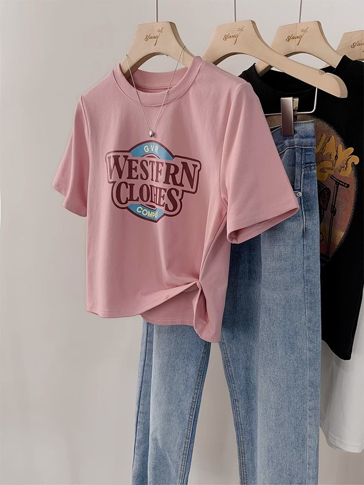 Printed 40 count 92 cotton 8 spandex 210g back collar 200kg extra large size niche short-sleeved women