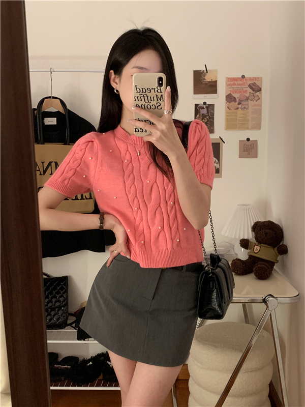 Real shot of heavy industry pearl gray sweater women's slim fit short sweater design niche short-sleeved top