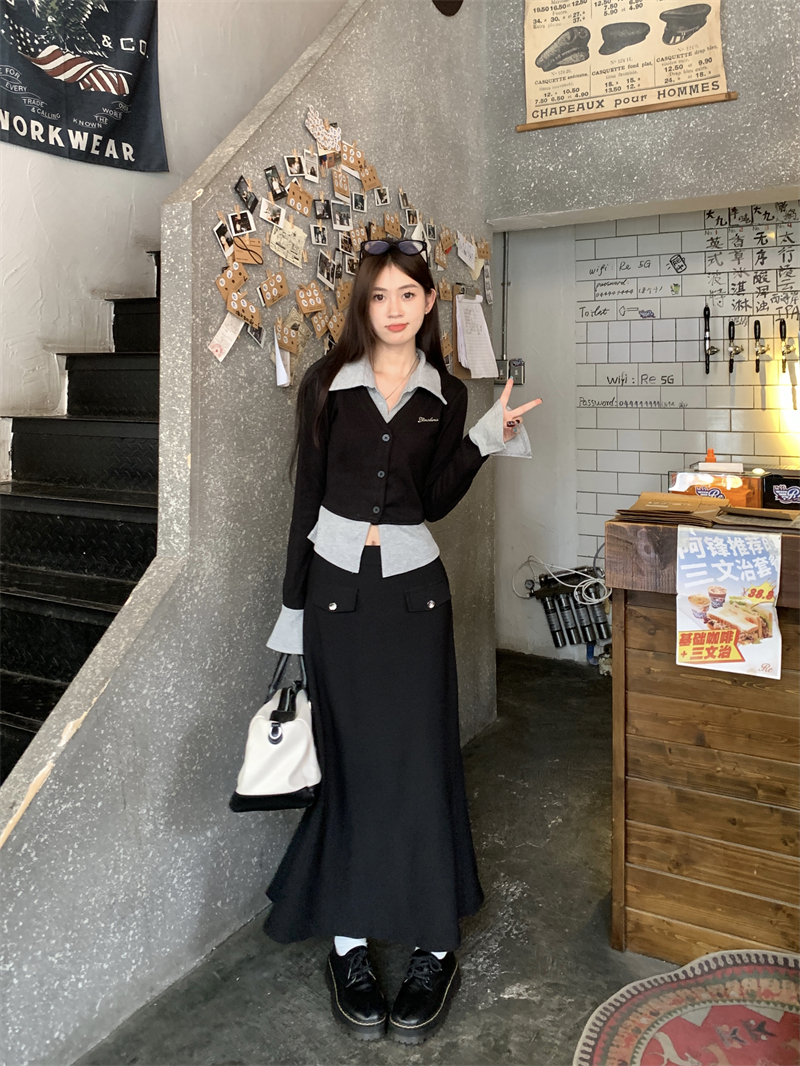 實拍 撞色假兩件長袖上衣女顯瘦高腰半裙辣妹修身套裝