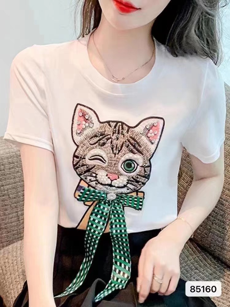 2024夏季新款貓咪刺繡重工釘珠蝴蝶結短袖上衣女